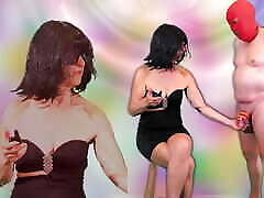 A mistress tests an electric collar on her submissive&039;s penis