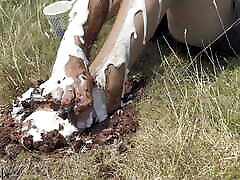 Smashing a cake with my feet