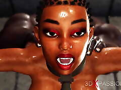 Hot ebony with many boobs in restrains is ready for intense anal sex